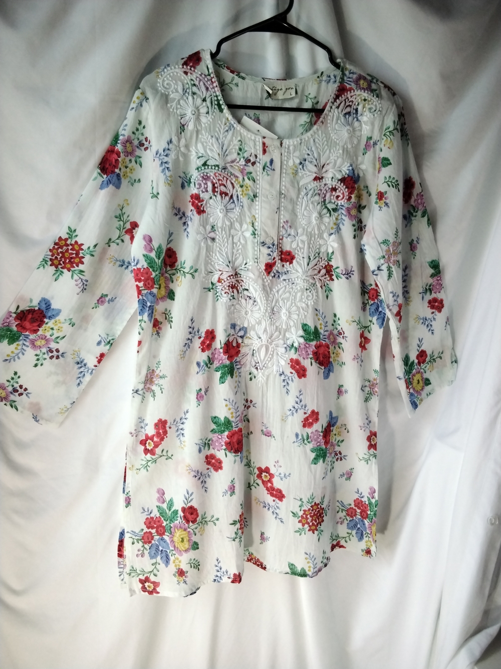 Vintage Goa White Floral Embroidered Women’s Tunic Top